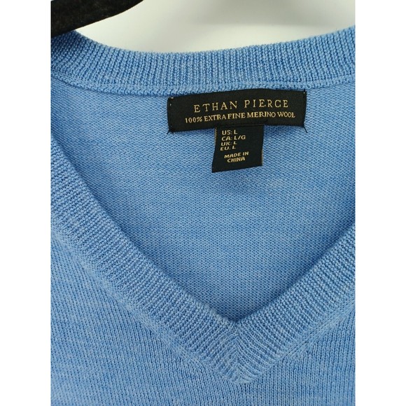 Ethan Pierce Sweater Men's Large Blue Fine Merino Wool V-Neck Long Sleeve - Picture 3 of 8